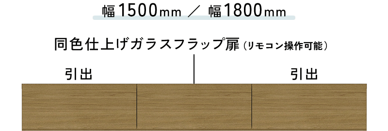 真ん中:同色仕上げガラスフラップ扉のテレビボード(幅1500mm/幅1800mm)