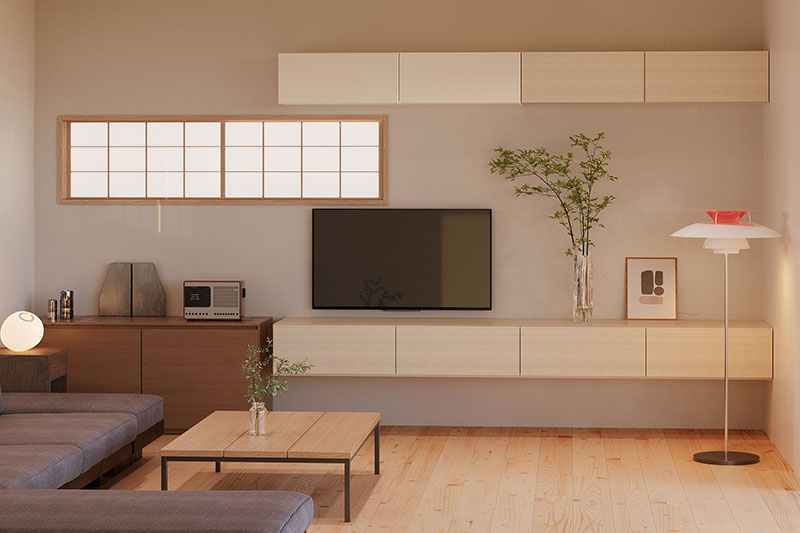 木目柄のテレビボード:シルキーナット