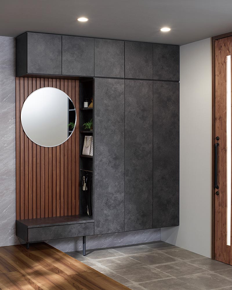 玄関収納とリブパネルの組み合わせ